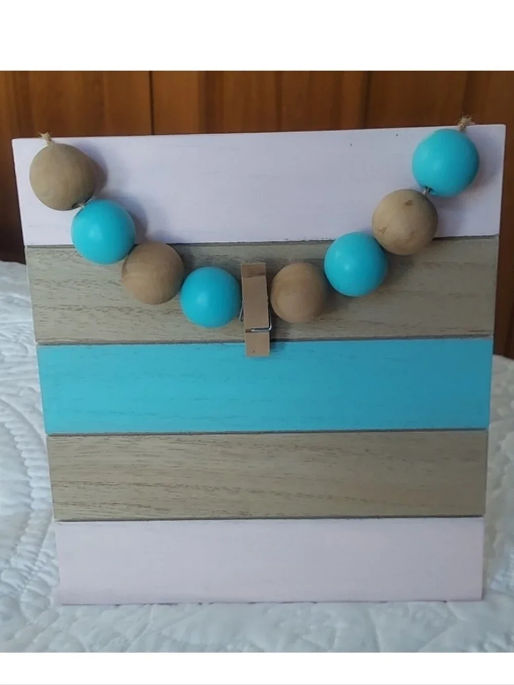 * Hobby Lobby Turquoise, Natural Wood & Pale Pink Striped Photo Frame, Like New